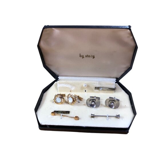 Vintage Stacy Cufflinks Tie Clips Set Mother Of Pearl Rhinestone Details Mens - Picture 9 of 16